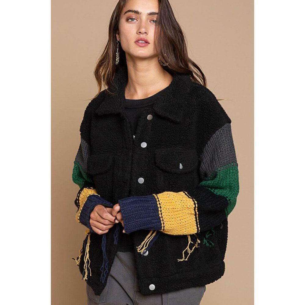 SALE! POL CLOTHING  Fleece Trucker Jacket Crochet Knit Sleeves Black S-L SMJ298